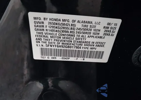 2016 Honda Pilot Touring z USA, uszkodzony, nr VIN 5FNYF6H92GB017904